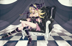 Rule 34 | 1girl, artist name, blush, boots, breasts, chair, checkered floor, cleavage, duel monster, floor, hat, high heels, inenari, magi magi magician gal, sitting, smile, solo, staff, weapon, wizard hat, yu-gi-oh!, yu-gi-oh! zexal, yuu-gi-ou, yuu-gi-ou zexal