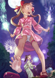Rule 34 | 2girls, bow, bucket, embers, feet, fireworks, highres, japanese clothes, kimono, multiple girls, night, ponytail, red bow, sandals, short twintails, sparklers, sparks, twintails, upskirt, woods