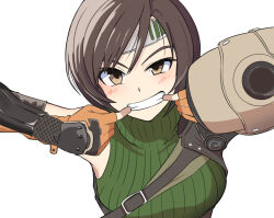 Rule 34 | 1girl, armor, armpits, blush, breasts, brown eyes, brown gloves, brown hair, commentary, elbow gloves, final fantasy, final fantasy vii, finger in own mouth, fingerless gloves, forehead protector, gloves, green headband, green sweater, grin, headband, kazaguruma2600, making faces, medium breasts, pauldrons, ribbed sweater, short hair, shoulder armor, simple background, single pauldron, sleeveless, sleeveless turtleneck, smile, solo, sweater, turtleneck, upper body, v-shaped eyebrows, white background, yuffie kisaragi