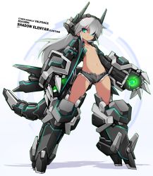 Rule 34 | 1girl, alternate color, antennae, aqua eyes, armor, armored boots, black shorts, blue eyes, boots, breasts, bridgeless bra, closed mouth, collarbone, cutoffs, densou tenshi valforce, full body, glowing, gluteal fold, grey hair, hair between eyes, headgear, highres, karukan (monjya), legs apart, long hair, looking at viewer, mecha musume, mechanical arms, mechanical tail, misawa elena, navel, open clothes, open fly, open shorts, shadow, short shorts, shorts, small breasts, solo, standing, stomach, tail, tan, unbuttoned, white background