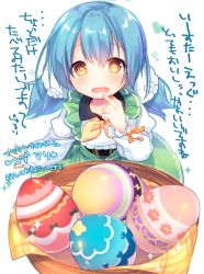 Rule 34 | 1girl, blue hair, blush, brown eyes, easter egg, egg, finger to mouth, flower knight girl, kodemari (flower knight girl), long hair, long sleeves, low twintails, morinaga kobato, open mouth, solo, sparkle, translation request, twintails, white background