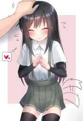 Rule 34 | 1girl, ^ ^, arm warmers, asashio (kancolle), black hair, black thighhighs, blush, closed eyes, closed mouth, commentary request, cowboy shot, dog tail, flying sweatdrops, hand on another&#039;s head, headpat, heart, kantai collection, kemonomimi mode, long hair, pleated skirt, revision, sasakura (calicchio), school uniform, shirt, short sleeves, simple background, skirt, smile, solo focus, spoken heart, suspenders, tail, tail wagging, thighhighs, white shirt