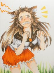 Rule 34 | 1girl, black sailor collar, breasts, brown eyes, brown hair, commentary request, cowboy shot, crying, crying with eyes open, fangs, frilled skirt, frills, grass, imaizumi kagerou, leaning forward, long hair, looking at viewer, medium breasts, open mouth, outdoors, red skirt, sailor collar, shirt, simple background, skirt, solo, tears, teeth, touhou, umikaji, white background, white shirt, wolf girl
