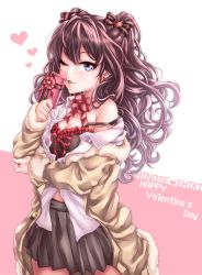 Rule 34 | 1girl, black bra, bow, box, bra, breasts, character name, cleavage, collared shirt, commentary request, dress shirt, frilled bra, frills, fur-trimmed jacket, fur trim, gift, gift box, hair bow, hair ornament, happy valentine, heart, heart hair ornament, highres, holding, holding gift, ichinose shiki, idolmaster, idolmaster cinderella girls, jacket, long hair, off shoulder, one eye closed, open clothes, open jacket, open mouth, open shirt, pleated skirt, red frills, shashaki, shirt, single bare shoulder, skirt, solo, strap slip, two side up, underwear, untucked shirt, valentine, white shirt