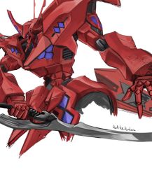 Rule 34 | highres, holding, holding sword, holding weapon, jun (rellik &amp; redrum), looking at viewer, mecha, muv-luv, muv-luv alternative, muv-luv alternative (anime), no humans, open hand, purple eyes, robot, science fiction, solo, sword, tactical surface fighter, type 00 takemikazuchi, weapon, white background