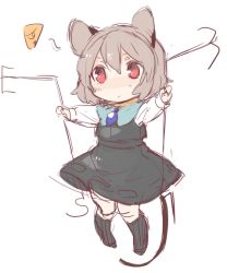Rule 34 | 1girl, akagashi hagane, animal ears, blush, capelet, cheese, chibi, dowsing rod, food, grey hair, holding, jewelry, long sleeves, mouse ears, mouse tail, nazrin, pendant, red eyes, short hair, simple background, sketch, skirt, skirt set, solo, tail, touhou, white background