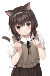Rule 34 | 1girl, :o, animal ears, black ribbon, black skirt, blush, braid, brown eyes, brown hair, brown vest, cat ears, cat girl, cat tail, collared shirt, commentary request, flower, hair over shoulder, hands up, long hair, looking at viewer, neck ribbon, original, parted lips, puffy short sleeves, puffy sleeves, ribbon, shirt, short sleeves, simple background, skirt, solo, tail, twin braids, twitter username, vest, white background, white flower, white shirt, yumoran