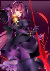 Rule 34 | 1girl, armor, ass, bodysuit, breasts, cekonikova, fang, fate/grand order, fate (series), from behind, from below, highres, large breasts, long hair, looking at viewer, looking back, open mouth, pantyhose, polearm, purple hair, red eyes, scathach (fate), sideboob, solo, spear, very long hair, weapon