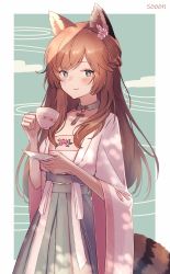 Rule 34 | 1girl, animal ears, atelier live, bad id, bad twitter id, blush, brown hair, commission, cup, flat chest, green eyes, green skirt, highres, holding, holding cup, holding plate, juwei (vtuber), looking at viewer, pink shirt, plate, raccoon ears, raccoon girl, raccoon tail, shirt, skeb commission, skirt, smile, solo, sooon, tail, teacup, virtual youtuber, wide sleeves
