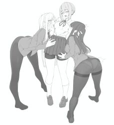 3girls absurdres ass blush breast_sucking breasts breasts_out eiai_nano full_body greyscale hand_on_another&#039;s_head hand_on_another&#039;s_lap hand_on_another&#039;s_thigh highres hornfelstone kakure_meme kimi_no_koto_ga_dai_dai_dai_dai_daisuki_na_100-nin_no_kanojo large_breasts long_hair medium_breasts meme monochrome multiple_girls panties panties_visible_through_clothes pantyhose shorts shorts_under_skirt simple_background skirt spread_legs sutou_iku thick_thighs thighhighs thighs underwear white_background yuri