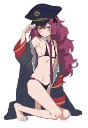 Rule 34 | 1girl, akinashi yuu, bikini, blue archive, blush, breasts, coat, detached collar, full body, grey eyes, hat, highres, iroha (blue archive), kneeling, long hair, navel, necktie, open clothes, open coat, peaked cap, purple hair, sketch, small breasts, solo, swimsuit