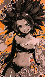 Rule 34 | 1girl, bandeau, bare shoulders, breasts, caulifla, cleavage, collarbone, dragon ball, dragon ball super, grin, hair intakes, head tilt, highres, kanchiyo, limited palette, long hair, looking at viewer, navel, orange background, pants, small breasts, smile, solo, spiked hair, strapless