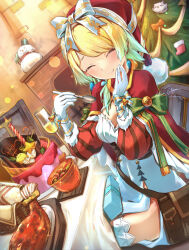 Rule 34 | 1girl, alternate costume, blonde hair, blue hair, bow, breasts, christmas, christmas ornaments, christmas tree, clear glass (mildmild1311), cleavage, closed eyes, closed mouth, dress, earrings, eating, feh (fire emblem heroes), fire emblem, fire emblem heroes, fjorm (fire emblem), food, fur trim, gift, gloves, gradient hair, hat, hat bow, highres, holding, holding spoon, indoors, jewelry, long sleeves, multicolored hair, nintendo, ribbon, santa hat, short hair, side slit, smile, snowman, solo, spoon, turkey (food), white dress, white gloves
