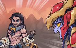 Rule 34 | armor, beard, black gloves, black hair, blue eyes, blue skin, braid, brown background, collar, colored sclera, colored skin, emphasis lines, facial hair, fangs, fingerless gloves, gloves, helmet, league of legends, looking at another, metal collar, muscular, muscular male, navel, orange sclera, outdoors, phantom ix row, red armor, serious, shiny skin, shyvana, sylas (league of legends), teeth, topless male, twin braids, yellow eyes
