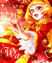Rule 34 | 1girl, blonde hair, blush, border, bracelet, character name, crown, dress, earrings, gradient background, jewelry, long hair, mutsuki uto, necklace, open mouth, otoca d&#039;or, red background, red dress, red eyes, ring, scepter, smile, solo, waste (otoca d&#039;or), waste (otoca doll)
