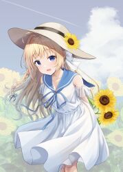 Rule 34 | 1girl, :d, absurdres, ahoge, arms behind back, blonde hair, blue eyes, blue ribbon, blue sailor collar, blue sky, braid, breasts, cleavage, collarbone, commentary request, dress, floating clothes, flower, hair ribbon, hat, hat flower, highres, holding, holding flower, leaning forward, long braid, long hair, looking at viewer, making-of, medium breasts, mole, mole under each eye, mole under eye, multiple moles, neck ribbon, open mouth, re:stage!, ribbon, sailor collar, sailor dress, shiratori amaha (re:stage!), single braid, sky, smile, solo, straw hat, sun hat, sunflower, white dress, yellow flower, yutuki ame