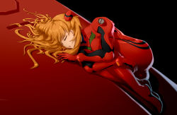 Rule 34 | 1girl, black background, blonde hair, blurry, closed eyes, dated, depth of field, english text, fetal position, full body, highres, jay zhang, long hair, lying, neon genesis evangelion, on side, parted lips, plantar flexion, plugsuit, simple background, solo, souryuu asuka langley, two side up