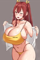 Rule 34 | 1girl, armpits, breasts, cleavage, collarbone, commentary, ear piercing, earrings, english commentary, fang, fukuda reika, grey background, hair between eyes, hair ribbon, huge breasts, jewelry, long hair, navel, one eye closed, open mouth, original, piercing, red eyes, red hair, ribbon, shiny skin, shirt, simple background, skindentation, solo, sports bikini, standing, steaming body, sweat, thighs, twintails, unbuttoned, unbuttoned shirt, undersized clothes, undressing, white shirt, yellow ribbon, yua (argaoffroad)