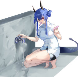 1girl arknights barefoot black_shorts blue_hair brown_horns ch&#039;en_(arknights) collared_shirt commentary_request faucet full_body hair_between_eyes highres holding horns kneeling lily0428 long_hair looking_at_viewer mouth_hold orange_eyes purple_tail shirt short_sleeves shorts solo tail water wet white_shirt