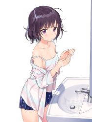 Rule 34 | 1girl, ahoge, bare shoulders, black hair, blouse, blue skirt, breasts, camisole, check copyright, cleavage, collarbone, commentary request, copyright request, cowboy shot, faucet, looking at viewer, miniskirt, off shoulder, open clothes, open shirt, original, purple eyes, sekiya asami, shirt, short hair, sink, skirt, small breasts, solo, standing, star (symbol), star print, strap slip, striped clothes, striped shirt, v-shaped eyebrows, washing, water, wet, white background, white shirt