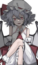Rule 34 | 1girl, bare shoulders, crossed legs, dress, hair between eyes, hat, hisha (kan moko), looking at viewer, open mouth, purple hair, red eyes, red ribbon, remilia scarlet, ribbon, shoes, short hair, simple background, solo, touhou, white background, white dress