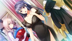 Rule 34 | 2girls, :d, aina leminen, black dress, blue eyes, blue hair, breasts, chain, cleavage, closed mouth, collarbone, dress, dutch angle, evening gown, game cg, gradient hair, hair between eyes, hair ornament, holding, indoors, large breasts, long hair, long sleeves, minamoto nanami, multicolored hair, multiple girls, off-shoulder dress, off shoulder, official art, open mouth, purple eyes, purple hair, shirt, side slit, silver hair, smile, standing, swept bangs, toriko no shirabe -refrain- chouritsu sareru otome-tachi to onna kyoushi, white shirt, x hair ornament