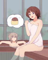 Rule 34 | 2girls, akaboshi koume, bath, bathing, blue eyes, blush, brown hair, closed mouth, food, girls und panzer, grey hair, hair up, half-closed eyes, imagining, itsumi erika, light frown, looking at another, looking at breasts, looking at viewer, medium hair, motion lines, multiple girls, naked towel, ofuro, open mouth, outstretched arms, pudding, short hair, sitting, smile, soaking feet, spread arms, thighs, thought bubble, towel, water, white towel, wooden floor, zannen hero
