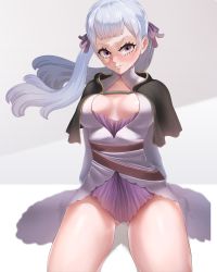 Rule 34 | 1girl, absurdres, black clover, blush, breasts, dazonart, highres, medium breasts, no bra, noelle silva, purple eyes, silver hair, thick thighs, thighs, twintails, white background
