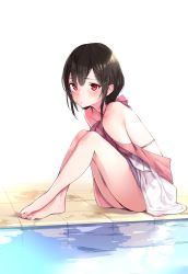 Rule 34 | 1girl, bare shoulders, barefoot, bikini, black hair, blush, closed mouth, commentary request, dot mouth, embarrassed, full body, hair ornament, hairclip, halterneck, highres, jacket, jacket partially removed, knees to chest, knees up, looking at viewer, original, parted lips, poolside, red eyes, short hair, sidelocks, sitting, solo, swimsuit, white jacket, yuyaiyaui