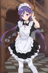 Rule 34 | 1girl, alternate costume, aowuawei, apron, arm at side, arm up, bangs pinned back, black dress, blurry, blurry background, blush, braid, breasts, checkered floor, closed mouth, collared dress, commentary request, dress, enmaided, eyelashes, frilled apron, frilled dress, frills, genshin impact, keqing (genshin impact), long hair, looking at viewer, maid, maid apron, maid headdress, medium breasts, neck ribbon, pantyhose, purple eyes, purple hair, purple ribbon, ribbon, sidelocks, single braid, solo, stairs, standing, two side up, white pantyhose, wrist cuffs