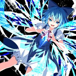 Rule 34 | 1girl, :d, absurdres, black background, bloomers, blue bow, blue dress, blue eyes, blue hair, blush, bow, bright pupils, cirno, collared shirt, commentary request, dress, dutch angle, feet out of frame, fighting stance, hair between eyes, hair bow, hands up, highres, ice, ice wings, looking at viewer, open mouth, puffy short sleeves, puffy sleeves, red bow, shirt, short dress, short hair, short sleeves, simple background, sleeveless, sleeveless dress, smile, smug, solo, teeth, touhou, tsurime, ugume, underwear, upper teeth only, v-shaped eyebrows, white shirt, wings
