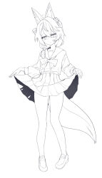 Rule 34 | 1girl, ahoge, animal ear fluff, animal ears, aningay, bow, closed mouth, collarbone, flower, fox ears, fox girl, fox tail, full body, greyscale, hair between eyes, hair flower, hair ornament, highres, loafers, long sleeves, monochrome, original, pleated skirt, puffy long sleeves, puffy sleeves, sailor collar, school uniform, serafuku, shirt, shoes, simple background, skirt, skirt hold, solo, standing, tail, white background
