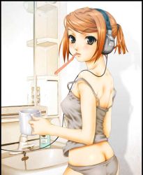 Rule 34 | 1girl, azumi amane, bathroom, breasts, butt crack, camisole, cup, covered erect nipples, female focus, grey panties, headphones, large breasts, looking back, medium breasts, mouth hold, orange hair, panties, ponytail, short hair, grey eyes, solo, soshina nohito, strap slip, toothbrush, underwear, underwear only