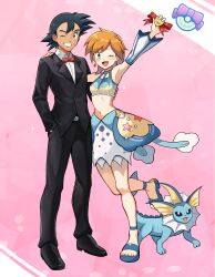 Rule 34 | 1girl, absurdres, arm up, ash ketchum, black footwear, black hair, black jacket, black pants, bow, bowtie, collared shirt, commentary, commission, creatures (company), detached sleeves, game freak, gen 1 pokemon, grin, hand in pocket, highres, holding, jacket, midriff, misty (pokemon), misty (sygna suit) (pokemon), mr.thunderigor, navel, nintendo, one eye closed, pants, pink background, pokemon, pokemon (anime), pokemon (creature), pokemon masters ex, red bow, red bowtie, sandals, shirt, shoes, skirt, smile, sparkle, teeth, toes, vaporeon, white shirt