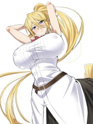 Rule 34 | 1girl, animal ears, arms up, belt, belt buckle, blonde hair, blue eyes, breasts, buckle, centaur, centorea shianus, closed mouth, commentary request, covered erect nipples, hair between eyes, horse ears, huge breasts, light blush, loliconder, long hair, looking at viewer, monster girl, monster musume no iru nichijou, ponytail, red neckwear, shirt, simple background, sleeveless, sleeveless shirt, solo, taur, white background