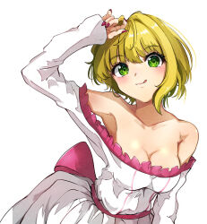 Rule 34 | 1girl, bare shoulders, blonde hair, blush, breasts, cleavage, commentary request, dojikko pose, dress, fingernails, frilled dress, frills, green eyes, hand on own head, idolmaster, idolmaster cinderella girls, idolmaster cinderella girls starlight stage, long fingernails, long sleeves, looking at viewer, medium breasts, miyamoto frederica, partial commentary, pink nails, pink ribbon, ribbon, sasai tuki, short hair, simple background, smile, solo, white background, white dress
