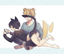 Rule 34 | 2boys, animal ears, bad id, bad pixiv id, black hair, black shirt, black shorts, blonde hair, cat boy, cat ears, cat tail, cellphone, collarbone, commentary, denim, dog boy, dog ears, dog tail, eugeo, grey shirt, hair between eyes, jeans, kirito, long sleeves, lying, male focus, multiple boys, on lap, on stomach, open mouth, pants, paw print, phone, ryeonghwa, shirt, short hair, short shorts, shorts, simple background, sitting, smile, socks, striped, striped background, sword art online, sword art online: alicization, tail, white background, white legwear, yaoi