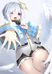 Rule 34 | 1girl, absurdres, amane kanata, angel, angel wings, blue hair, blurry, bow, bowtie, depth of field, eyes visible through hair, feathers, foreshortening, hair over one eye, halo, highres, hololive, mine tsukasa, miniskirt, multicolored hair, open mouth, outstretched arm, purple eyes, short hair, silver hair, skirt, solo, star halo, streaked hair, tears, thighs, virtual youtuber, wings, wrist cuffs