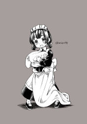 Rule 34 | 1girl, alternate costume, apron, blanket, dress, enmaided, eyebrows hidden by hair, grey background, greyscale, hair ribbon, hair rings, harukaze unipo, holding, holding blanket, kaiboukan no. 4 (kancolle), kantai collection, legs apart, long sleeves, maid, maid day, maid headdress, monochrome, open mouth, ribbon, shadow, short hair, simple background, solo, standing, sweat, tareme, twitter username