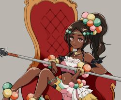 Rule 34 | 1girl, bare shoulders, black shorts, bright pupils, brown hair, chair, closed mouth, commentary, crop top, dark-skinned female, dark skin, fire emblem, fire emblem engage, grey background, hair ornament, holding, holding polearm, holding weapon, long hair, looking at viewer, midriff, navel, nintendo, oda32t, on chair, polearm, ponytail, red eyes, shorts, shorts under skirt, sitting, skirt, smile, solo, spear, star-shaped pupils, star (symbol), symbol-only commentary, symbol-shaped pupils, timerra (fire emblem), weapon, white pupils