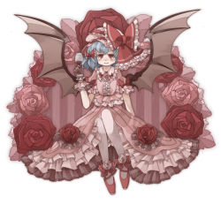 Rule 34 | 1girl, alcohol, bad id, bad pixiv id, bat wings, blue hair, bow, chachi, chachi (azuzu), cup, drinking glass, embellished costume, female focus, flower, frills, hair ribbon, hat, red eyes, remilia scarlet, ribbon, rose, short hair, solo, touhou, wine, wine glass, wings