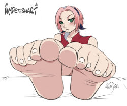 1girl artist_name bare_shoulders barefoot feet feet_up foot_focus foreshortening green_eyes haruno_sakura headband legs_up looking_at_viewer naruto_(series) pink_hair rhaydan short_hair soles toe_scrunch toenails toes white_background wrinkled_skin