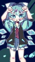 Rule 34 | 1girl, aqua eyes, aqua hair, arms up, black jacket, blue dress, blush stickers, bow, cirno, detached wings, dress, feet out of frame, hair bow, highres, jacket, medium hair, nako7575ko, neck ribbon, open clothes, open jacket, pointing, pointing at self, red ribbon, ribbon, short sleeves, simple background, solo, touhou, wings, zipper, zipper pull tab