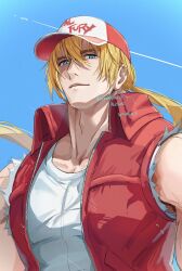 Rule 34 | 1boy, baseball cap, blonde hair, blue background, blue eyes, closed mouth, collarbone, commentary request, copyright name, fatal fury, hair between eyes, hat, highres, korokoro nekoz, long hair, male focus, open clothes, open vest, red vest, shirt, simple background, smile, solo, terry bogard, torn clothes, torn shirt, upper body, vest, white shirt