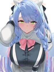 Rule 34 | 1girl, ahoge, arm up, batsu, bent over, blue archive, blue hair, blush, bow, braid, breasts, green eyes, hair ornament, halo, hanging breasts, hat, highres, huge breasts, large breasts, long hair, long sleeves, looking at viewer, mine (blue archive), nurse cap, parted lips, pointy ears, simple background, solo, white background