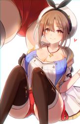 Rule 34 | 10eki (tenchou), 1girl, absurdres, ass, atelier (series), atelier ryza, atelier ryza 1, belt, blush, breasts, brown eyes, brown hair, cleavage, gloves, hair ornament, hairclip, hat, heart, highres, jewelry, large breasts, looking at viewer, multiple views, navel, necklace, red shorts, reisalin stout, short shorts, shorts, sidelocks, simple background, sitting, smile, star (symbol), thighhighs, thighs, white background, white headwear