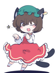 Rule 34 | 1girl, animal ears, blush stickers, brown eyes, brown hair, cat ears, cat tail, chahan (fried rice0614), chen, dress, earrings, fang, full body, green hat, hat, highres, jewelry, long sleeves, mob cap, multiple tails, one-hour drawing challenge, one eye closed, open mouth, red dress, red footwear, shirt, shoes, short hair, simple background, single earring, smile, socks, solo, tail, touhou, two tails, white background, white shirt, white socks