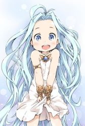 Rule 34 | 10s, 1girl, :d, aged down, ahoge, armlet, bad id, bad twitter id, bare shoulders, blue background, blue eyes, blue hair, blush, bracer, brooch, choker, cowboy shot, dress, dress grab, female focus, forehead, gauntlets, gold, gradient background, granblue fantasy, ham (points), inactive account, jewelry, long hair, looking at viewer, lyria (granblue fantasy), matching hair/eyes, open mouth, simple background, smile, solo, strapless, strapless dress, tareme, teeth, upper teeth only, v arms, very long hair, wavy hair, white background, white choker, white dress