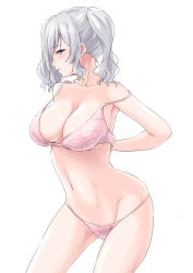 Rule 34 | 1girl, bra, breasts, cleavage, collarbone, commentary request, contrapposto, cowboy shot, grey eyes, highres, kantai collection, kashima (kancolle), large breasts, looking at viewer, panties, parted lips, pink bra, pink panties, profile, sidelocks, silver hair, simple background, solo, standing, strap slip, takomeshi, tsurime, twintails, underwear, underwear only, undressing, wavy hair, white background