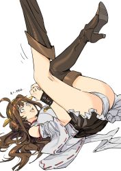 Rule 34 | 1girl, :d, boots, bound, bound arms, brown footwear, brown hair, double bun, feet out of frame, from side, grey eyes, hair bun, hairband, hands up, high heel boots, high heels, highres, kantai collection, kongou (kancolle), legs up, long hair, lying, on back, open mouth, panties, ruukii drift, shoe soles, simple background, smile, solo, sweat, teeth, thigh boots, thighhighs, underwear, upper teeth only, white background, wide-eyed